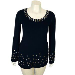 INC Tunic Top Womens S Solid Black Scoop Neck Beaded w/ Gold Rivets Long Sleeve